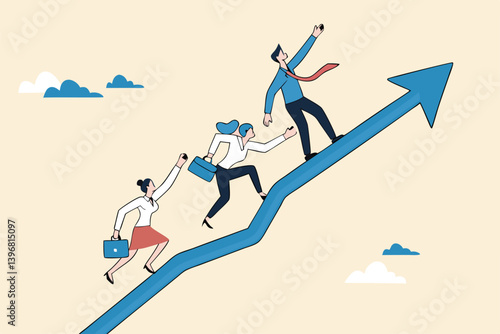 Motivate employee, career improvement or inspiration for self development to success in work, motivation or advice for business growth, businessman with megaphone motivate employees to walk up arrow.