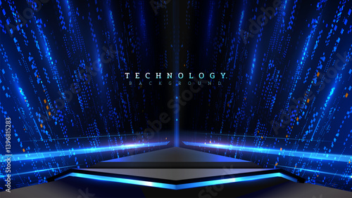 Black empty podium on blue background with blue neon effect. With glowing big data particle movement decoration. Futuristic technology scene design concept. Vector illustration.