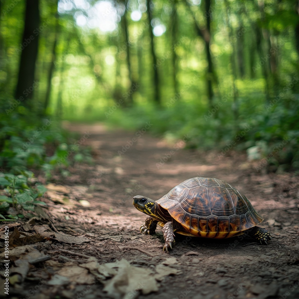 Beautiful Turtle Walking Along Forest Path Surrounded by Nature Beautiful Turtle Walking Along Forest Path Surrounded by Nature