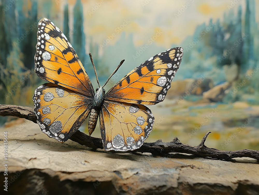 Fototapeta premium A detailed butterfly resting on a branch with patterned wings