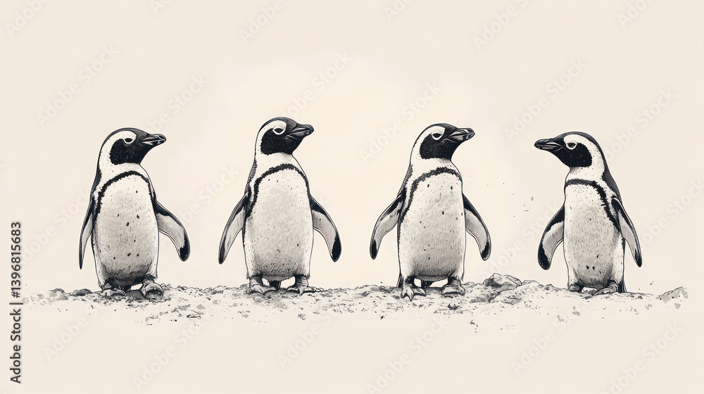 Obraz premium Four penguins standing in a row on sand, monochrome sketch style.