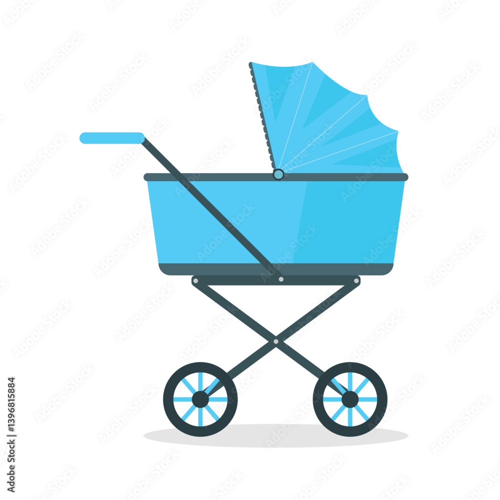 Blue stroller icon for a boy. Concept of a classic stroller for sleeping and walking. Blue stroller icon for a boy. Concept of a classic stroller for sleeping and walking.