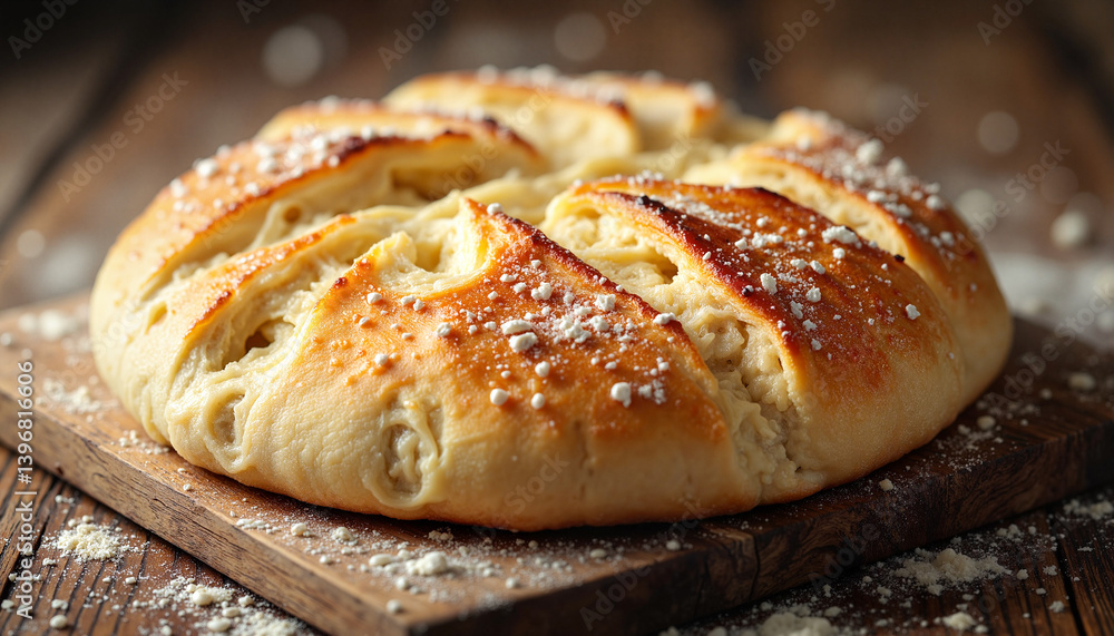 Golden flatbread on wooden table with flour dust, baking warmth Golden flatbread on wooden table with flour dust, baking warmth