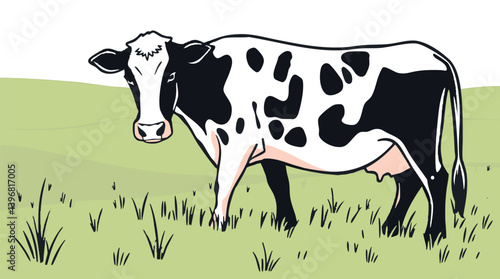 Outline vector illustration of a cow grazing in a pasture