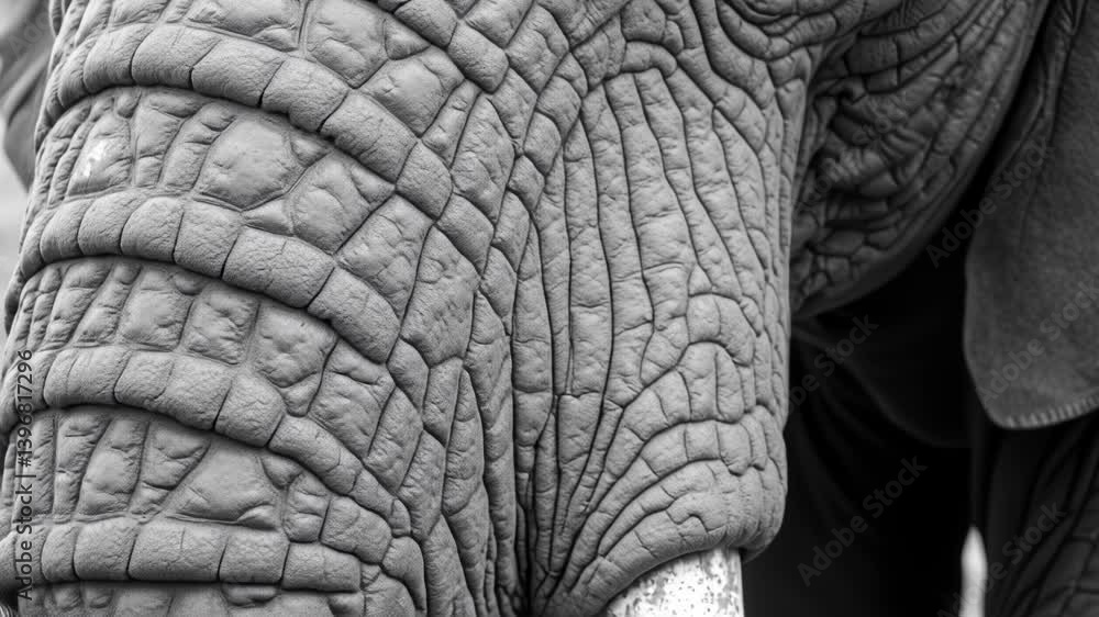 Textured Close-Up of Elephant Trunk Highlighting Unique Skin Patterns and Natural Details in Black and White Textured Close-Up of Elephant Trunk Highlighting Unique Skin Patterns and Natural Details in Black and White