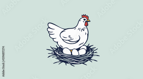 Outline vector illustration of a hen with eggs poultry farm