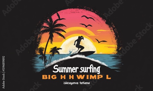 surfing Summer beach wave with palm trees and sunset for t shirt 