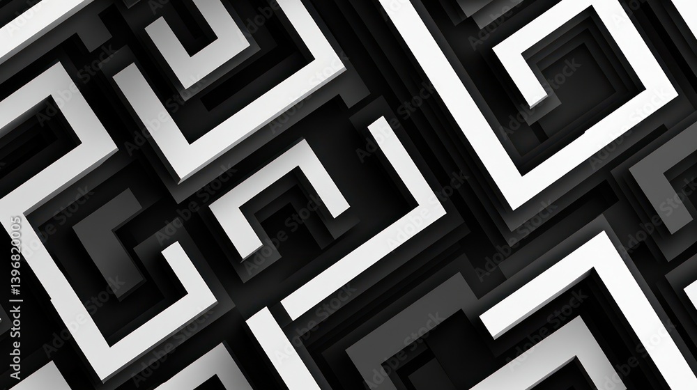 Abstract black and white geometric pattern with 3D squares and rectangles creating a maze-like effect. Abstract black and white geometric pattern with 3D squares and rectangles creating a maze-like effect.