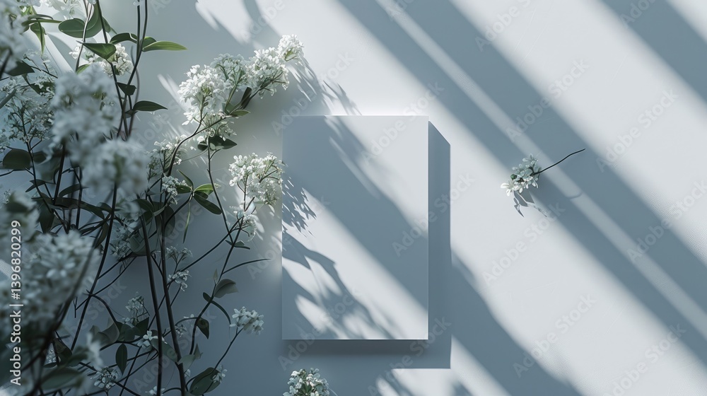 White Flowers and Blank Card in Sunlight
