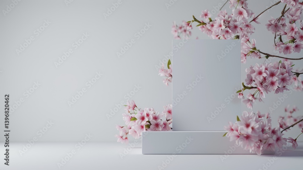 White Product Display With Delicate Pink Cherry Blossoms