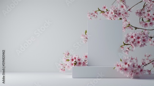 White Product Display With Delicate Pink Cherry Blossoms