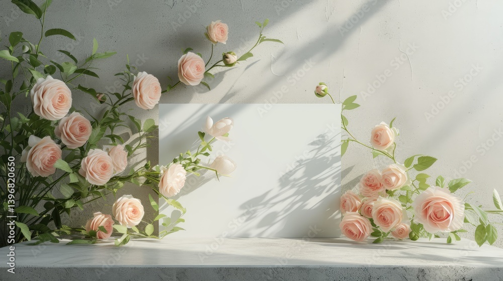 Peach Roses and Blank Card Displayed on a Concrete Surface