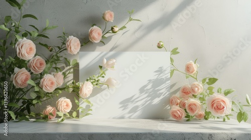 Obraz na płótnie Peach Roses and Blank Card Displayed on a Concrete Surface w salonie