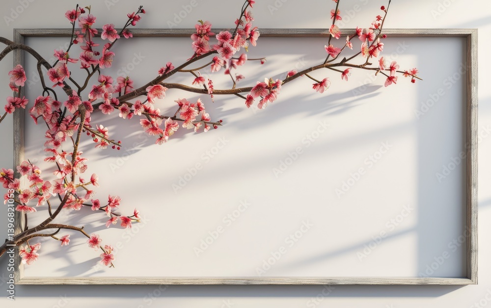 Rustic Wooden Frame Decorated With Pink Blossom Branches