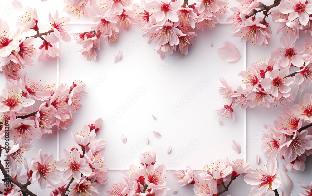 Pink cherry blossoms arranged around a white square frame against a white background.