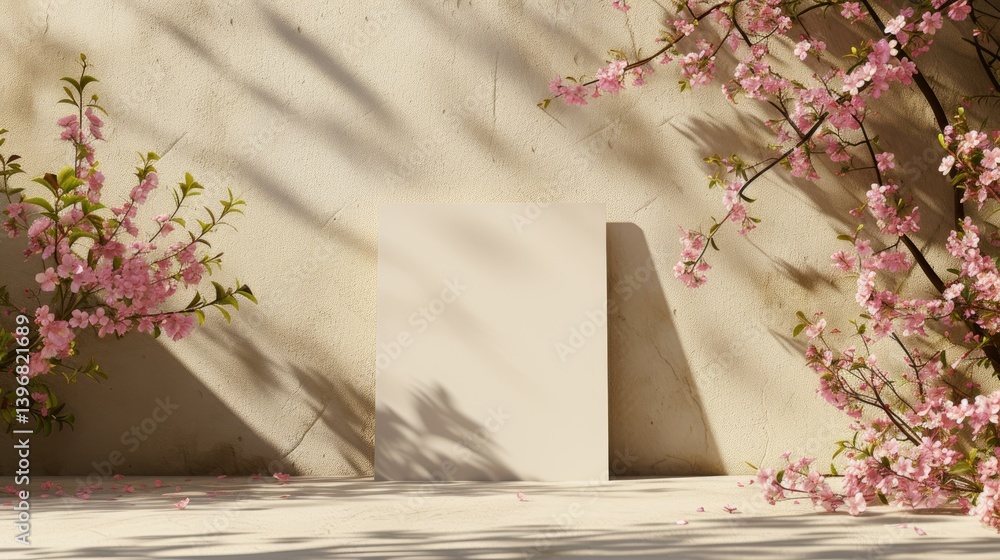 Blank canvas surrounded by pink blossoms and sunlight casting shadows on a beige textured wall.