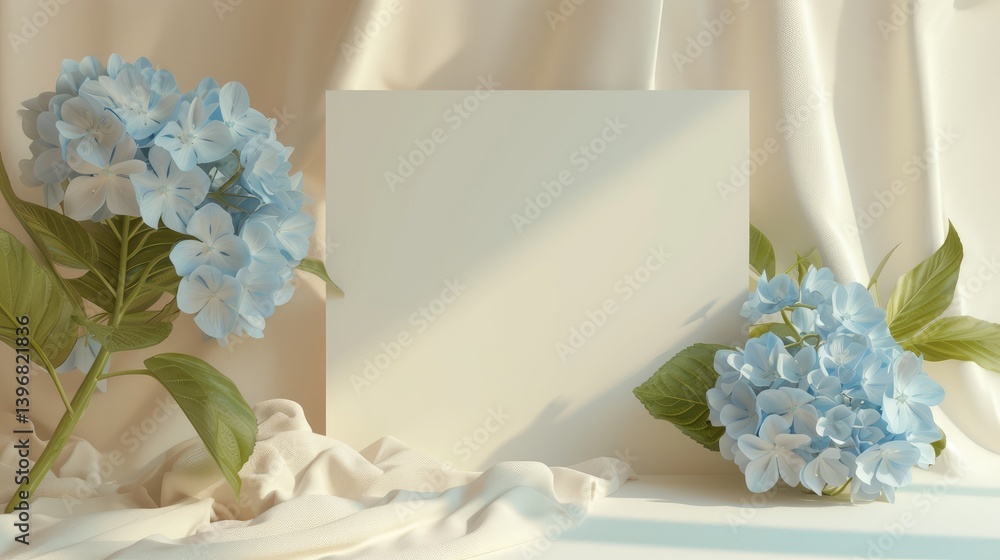 Elegant Blue Hydrangeas Flanking Blank Card on Silk