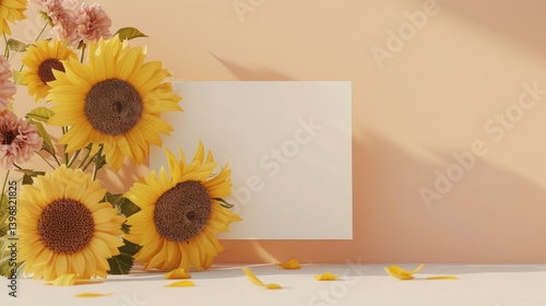 Sunflowers Dahlias and Blank Space Card Against a Soft Peach Background.