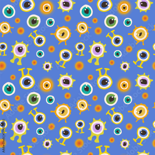 Seamless pattern colorful funny monsters aliens and eyes on blue background