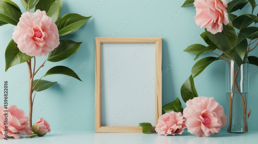 Pink Camellias Near Frame Green Leaves Pastel Background