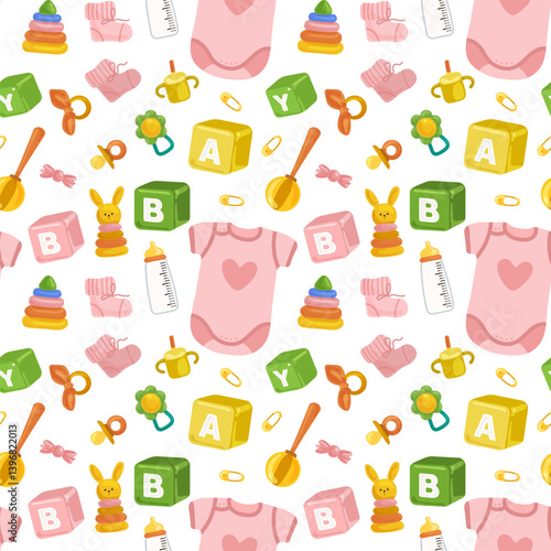 Seamless pattern with baby clothes, accessories and wooden toys. Montessori toys