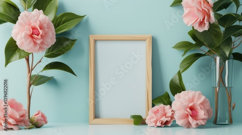 Pink Camellias Near Frame Green Leaves Pastel Background