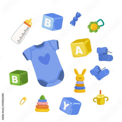 Vector illustration of baby accessories and toys. Hand drawn nursery set for boy. Things for newborn
