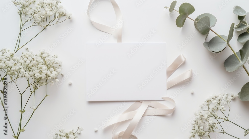Blank Card Mockup with Delicate Flowers and Ribbon, Eucalyptus sprigs