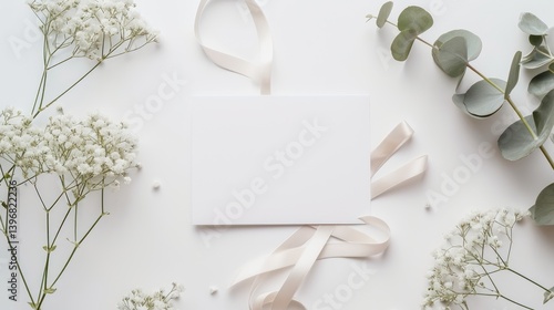 Obraz na płótnie Blank Card Mockup with Delicate Flowers and Ribbon, Eucalyptus sprigs w salonie