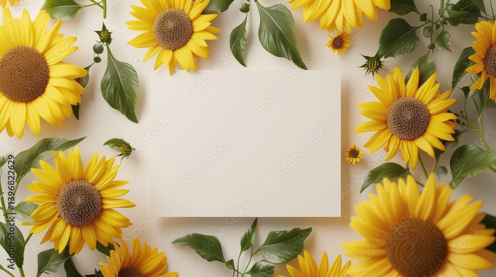 Sunflowers and leaves surround a Flat lay blank white card
