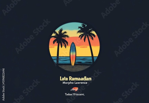 surfing Summer beach wave with palm trees and sunset for t shirt 