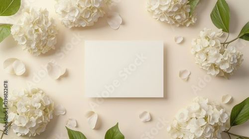 White Hydrangeas and Blank Card Floral Arrangement