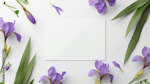 Purple Iris Flowers Surround Blank White Card on a White Background.