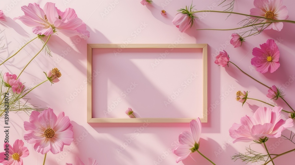 Pink Cosmos Flowers Surround Wooden Frame on Pink Background