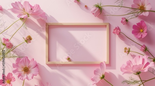 Obraz na płótnie Pink Cosmos Flowers Surround Wooden Frame on Pink Background w salonie