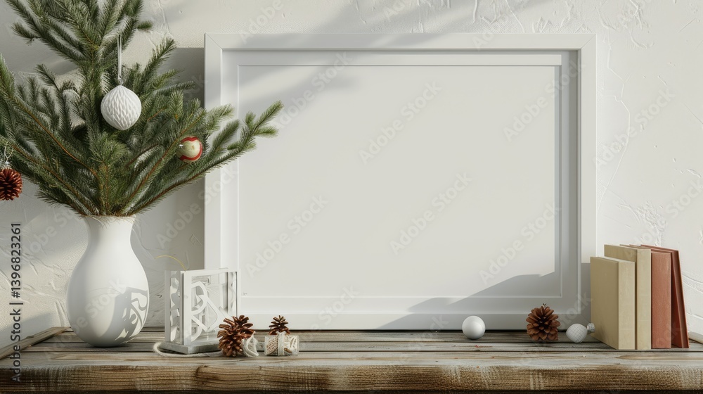 White Frame Mockup With Christmas Decor And Books on a Wooden Surface.