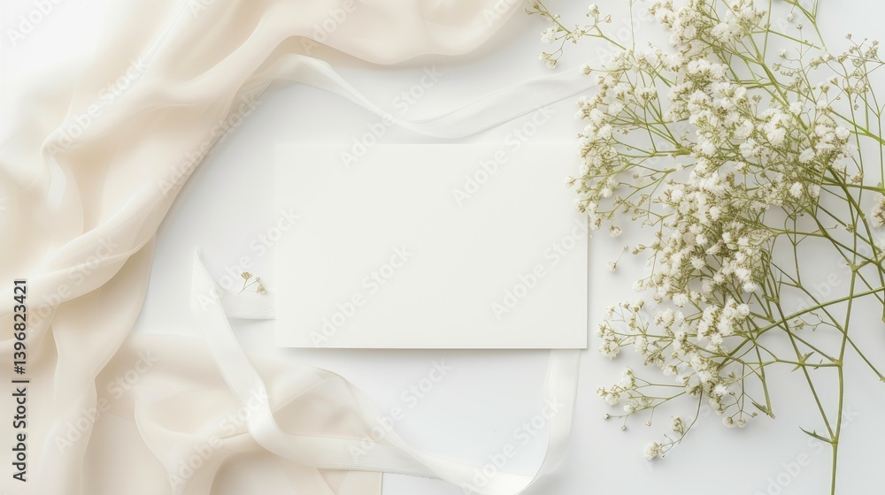 Elegant blank white card is surrounded by delicate white baby's breath flowers and silk fabric and ribbon