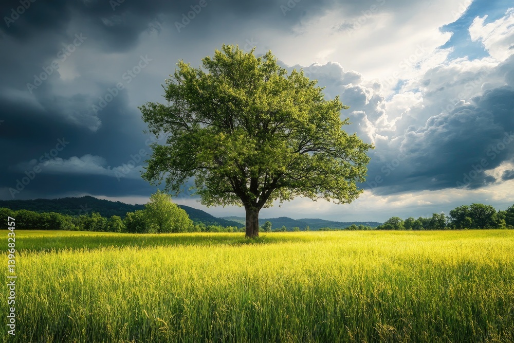 Single tree in a golden field under dramatic sky Single tree in a golden field under dramatic sky