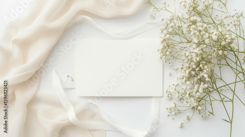 Obraz na płótnie Elegant blank white card is surrounded by delicate white baby's breath flowers and silk fabric and ribbon w salonie
