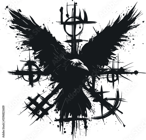 Black raven silhouette in a grunge ink-splatter style, set against a white background, featuring Norse Viking symbolism with Vegvisir runes and a touch of Valhalla mystique