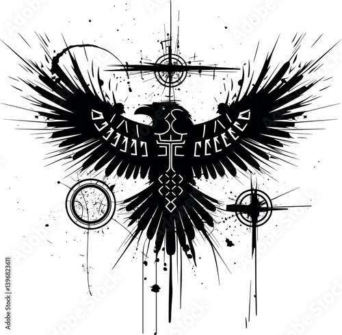 Black raven silhouette in a grunge ink-splatter style, set against a white background, featuring Norse Viking symbolism with Vegvisir runes and a touch of Valhalla mystique