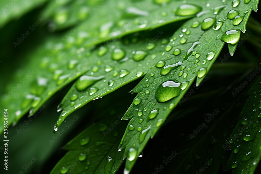 dew drops on green leaves after the rain, giving them a glistening beauty and evoking a sense of rejuvenation and newness, fresh nature background dew drops on green leaves after the rain, giving them a glistening beauty and evoking a sense of rejuvenation and newness, fresh nature background