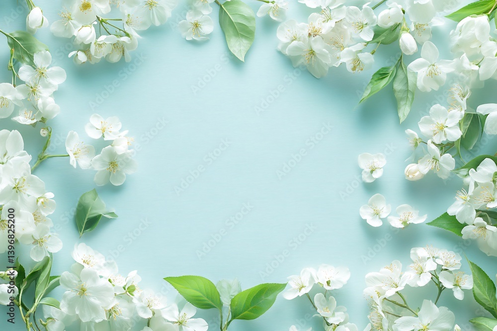 Fototapeta premium Delicate white blossoms framing a serene pale blue background, creating a peaceful springtime scene with soft light and a textured surface.