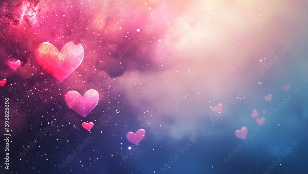 Pink hearts float through a dreamy, starry cosmos. Pink hearts float through a dreamy, starry cosmos.