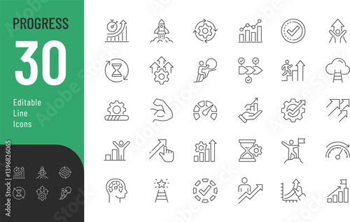 Progress Line Editable Icons set. Vector illustration in modern thin line style of efficiency related icons: growth, success, and more. Isolated on transparent background.