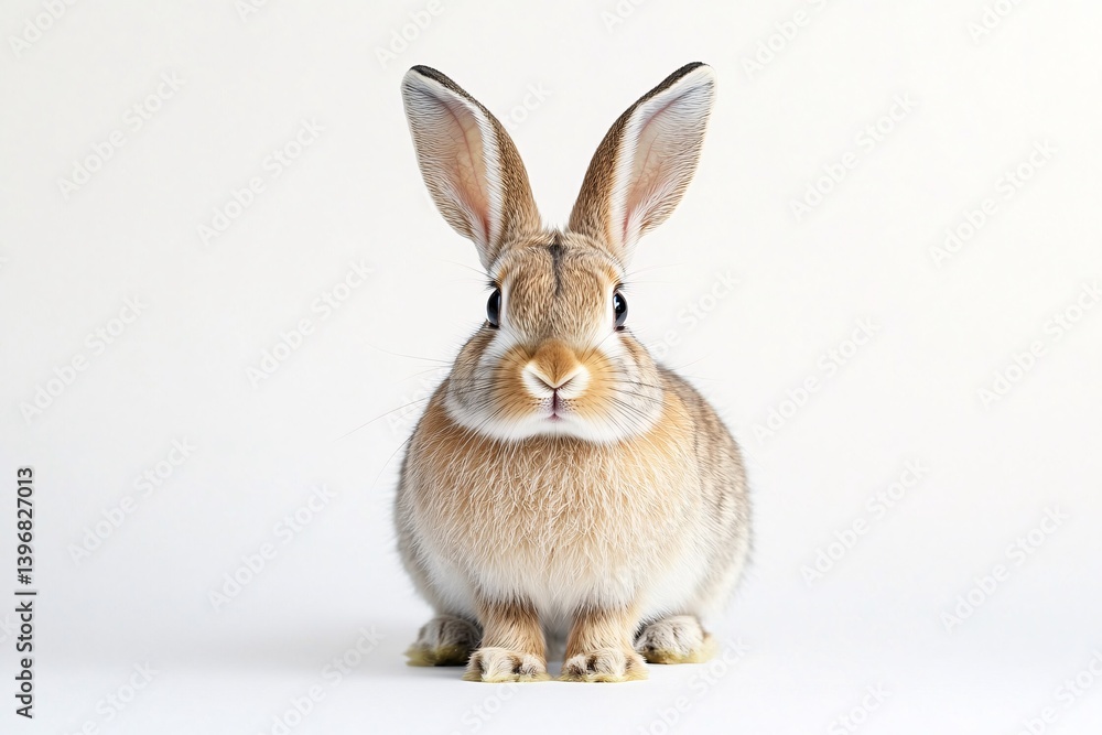 Fototapeta premium A sweet, curious bunny sits patiently against a clean white backdrop, showing off its soft fur and long ears.