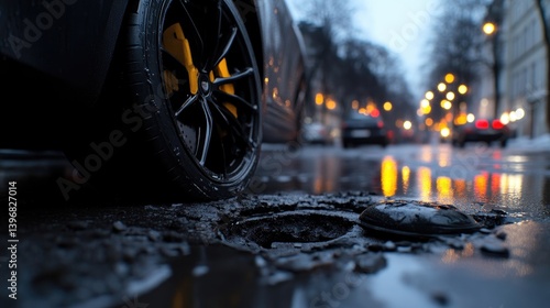 Wallpaper Mural Pothole in wet city street at night Torontodigital.ca