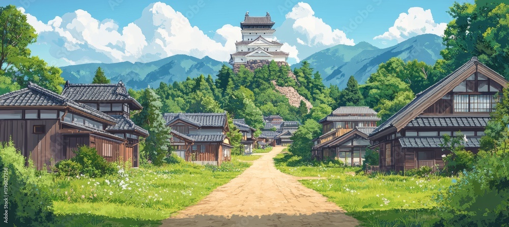 Abandoned emperor shogun castle and village. Generative AI technology.