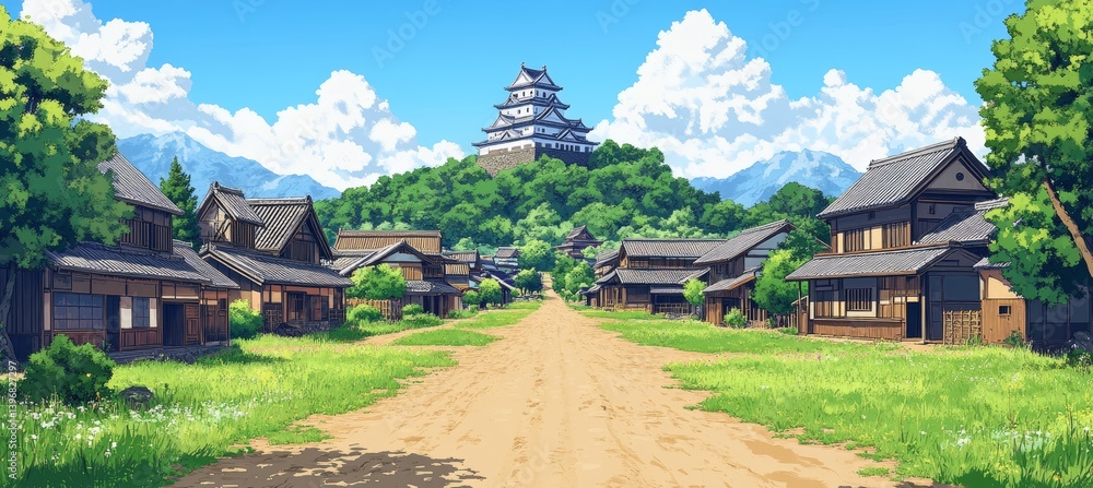 Shogun castle and Japan village. Generative AI technology.