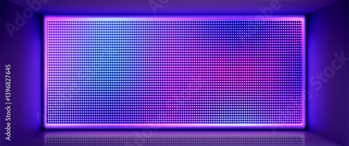 Blue led screen mockup in room. Vector realistic illustration of neon purple light stage panels, tv show, stadium, concert or night club wall equipment, lcd display with color dots, color lamps grid